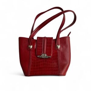 Elegant Red vintage faux leather shoulder bag with silver hardware heart details